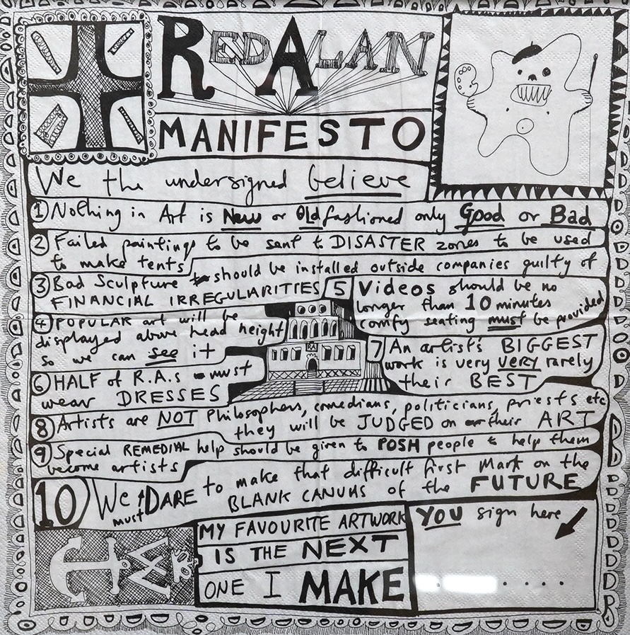 After Grayson Perry (b.1960), monochrome print on paper napkin, ‘Red Alan Manifesto’, 31 x 31cm. Condition - fair to good, central creases to paper